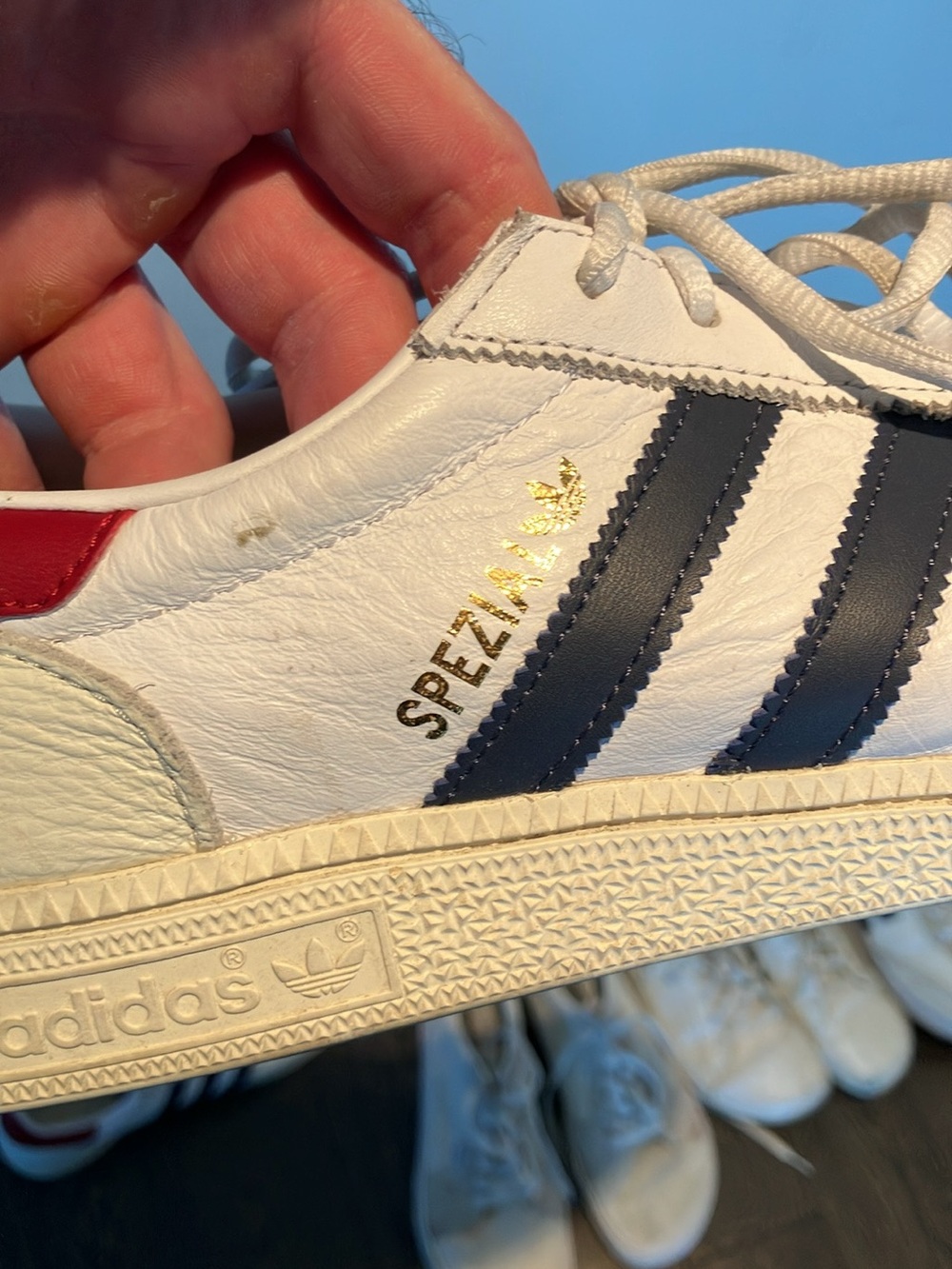 adidas Spezial Leather Sneaker in White with Navy and Red Heel size 12 mens